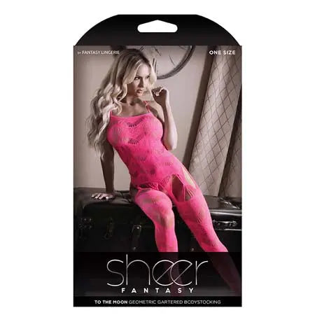 Fantasy Lingerie Sheer To The Moon Multi-Garter Geometric Bodystocking Neon Pink O/S  Lingerie - Body Stockings