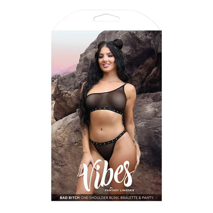 Fantasy Lingerie Vibes Bad Bitch One-Shoulder Bling Bralette & Bikini Panty Black S/M  Lingerie - Bra and Panty sets