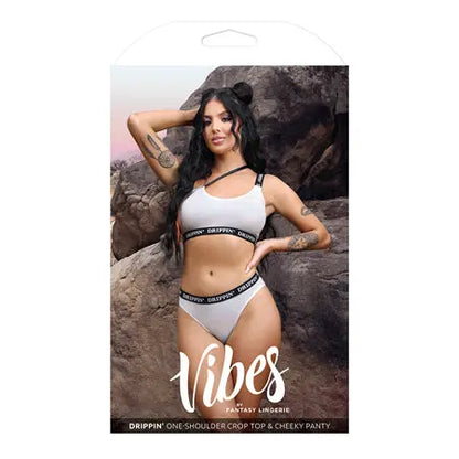 Fantasy Lingerie Vibes Drippin' Iridescent Strappy One-Shoulder Top & Panty Pearl White L/XL  Lingerie - Bra and Panty sets