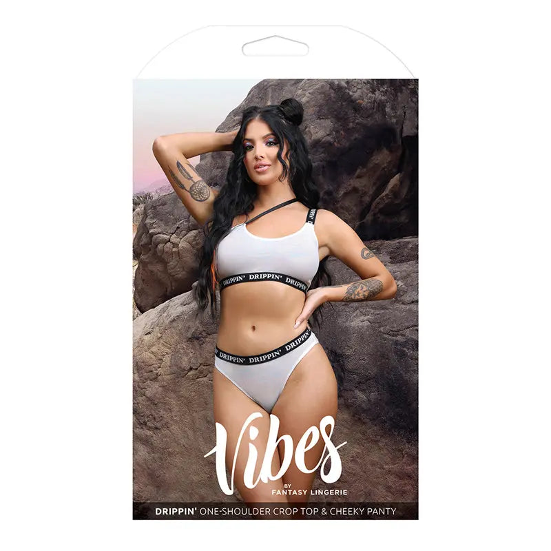 Fantasy Lingerie Vibes Drippin' Iridescent Strappy One-Shoulder Top & Panty Pearl White S/M  Lingerie - Bra and Panty sets