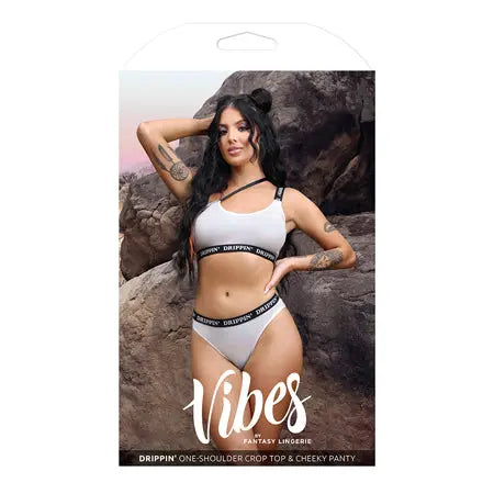 Fantasy Lingerie Vibes Drippin' Iridescent Strappy One-Shoulder Top & Panty Pearl White S/M  Lingerie - Bra and Panty sets