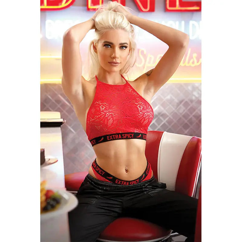 Fantasy Lingerie Vibes Extra Spicy Lace Halter Top & Cheeky Panty Red S/M  Lingerie - Bra and Panty sets