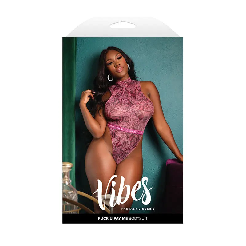 Fantasy Lingerie Vibes Fuck U Pay Me Money-Print Sparkle Mesh Bodysuit Queen Size  Lingerie - Baby dolls Chemises etc