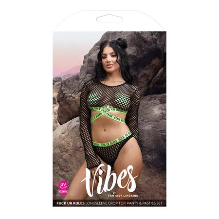 Fantasy Lingerie Vibes Fuck Ur Rules UV Reactive Longsleeve Fishnet Top, Panty, Pasties Black M/L  Lingerie - Bra and Panty sets