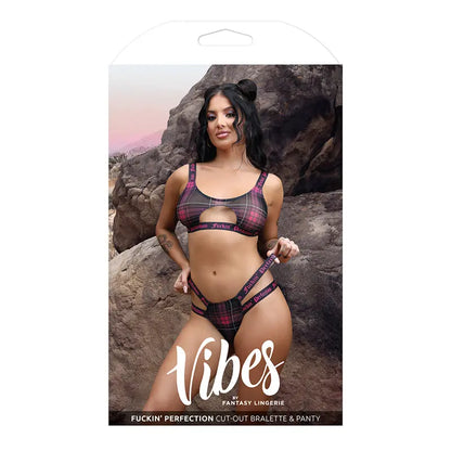 Fantasy Lingerie Vibes Fuckin' Perfection Plaid Mesh Cut Out Bralette & Panty Black L/XL  Lingerie - Bra and Panty sets