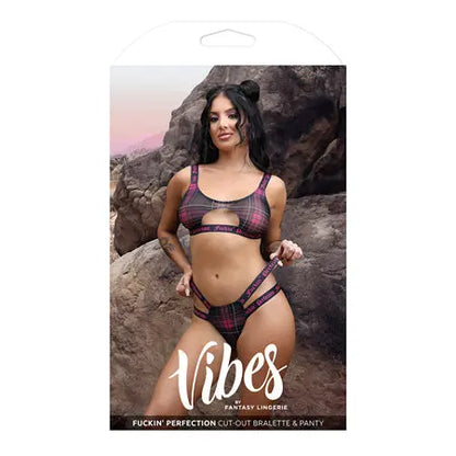 Fantasy Lingerie Vibes Fuckin' Perfection Plaid Mesh Cut Out Bralette & Panty Black L/XL  Lingerie - Bra and Panty sets