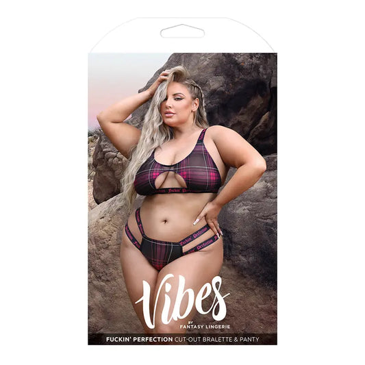 Fantasy Lingerie Vibes Fuckin' Perfection Plaid Mesh Cut Out Bralette & Panty Black Queen Size  Lingerie - Bra and Panty sets