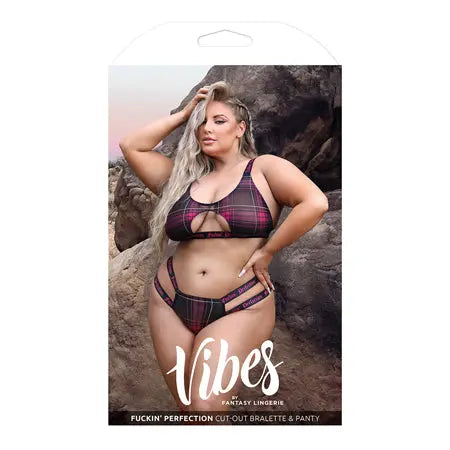 Fantasy Lingerie Vibes Fuckin' Perfection Plaid Mesh Cut Out Bralette & Panty Black Queen Size  Lingerie - Bra and Panty sets