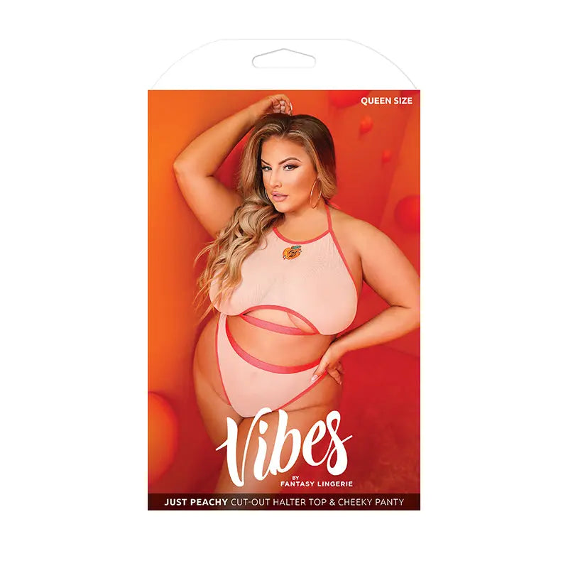 Fantasy Lingerie Vibes Just Peachy Cut-Out Halter Top & Cheeky Panty Peach Queen Size  Lingerie - Bra and Panty sets