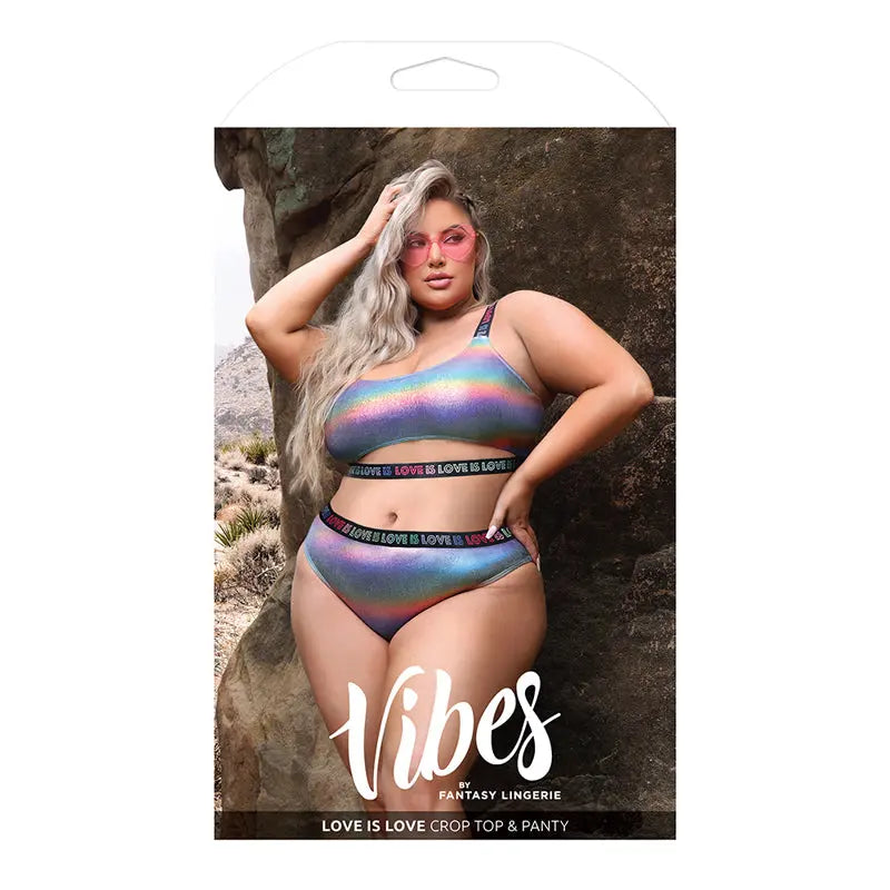 Fantasy Lingerie Vibes Love is Love Underboob Cutout Top & Cheeky Panty Rainbow Holo Queen Size  Lingerie - Bra and Panty sets