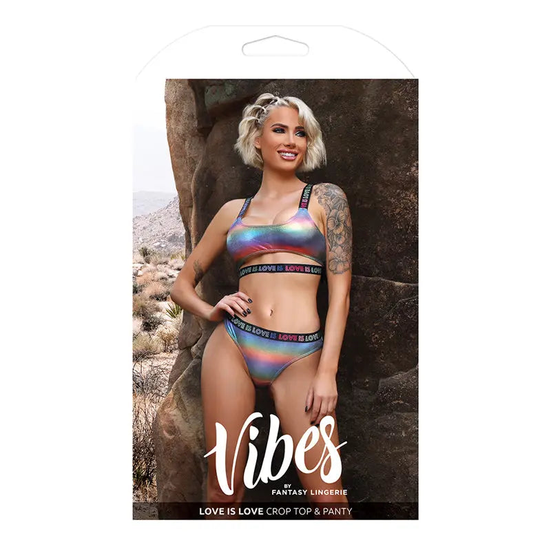 Fantasy Lingerie Vibes Love is Love Underboob Cutout Top & Cheeky Panty Rainbow Holo S/M  Lingerie - Bra and Panty sets