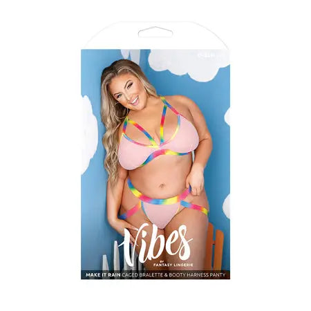 Fantasy Lingerie Vibes Make It Rain Caged Bralette & Panty With Booty Harness Rainbow Queen Size  Lingerie - Bra and Panty sets