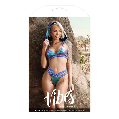 Fantasy Lingerie Vibes Plur Holographic Bralette with Removable Hood & Panty Aqua Holo M/L  Lingerie - Bra and Panty sets