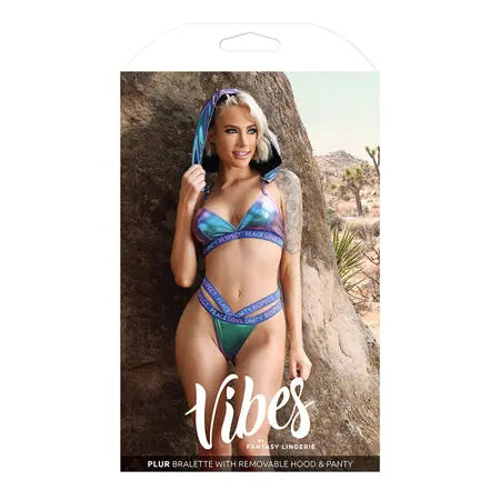 Fantasy Lingerie Vibes Plur Holographic Bralette with Removable Hood & Panty Aqua Holo M/L  Lingerie - Bra and Panty sets