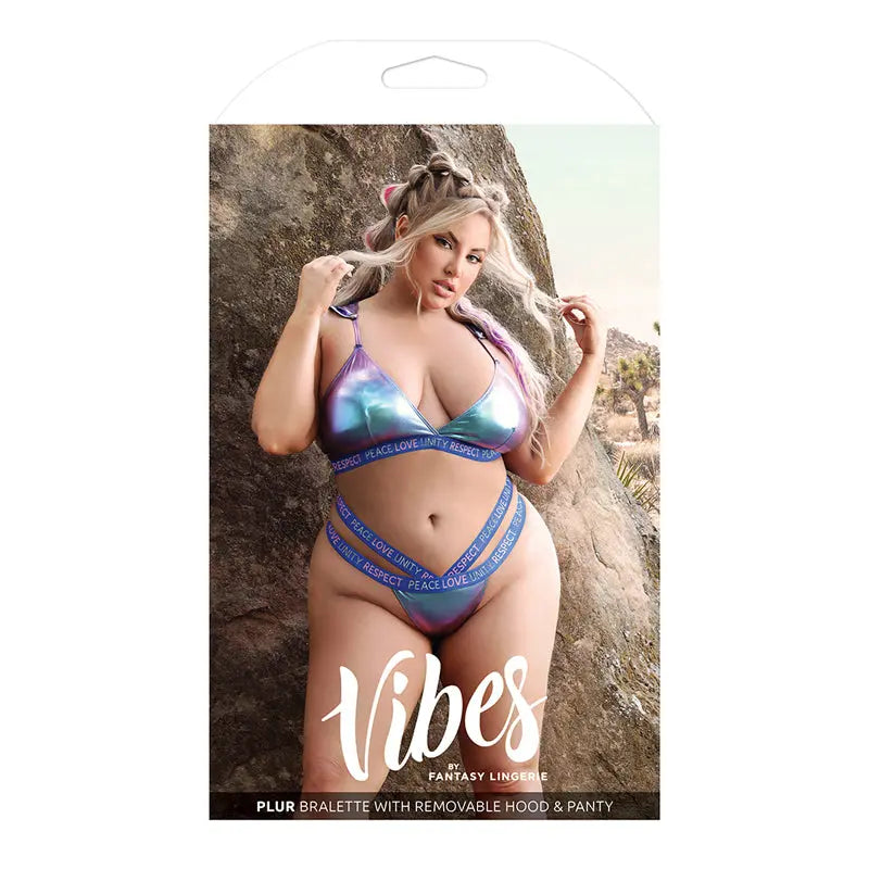 Fantasy Lingerie Vibes Plur Holographic Bralette with Removable Hood & Panty Aqua Holo Queen Size  Lingerie - Bra and Panty sets