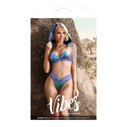 Fantasy Lingerie Vibes Plur Holographic Bralette with Removable Hood & Panty Aqua Holo S/M  Lingerie - Bra and Panty sets