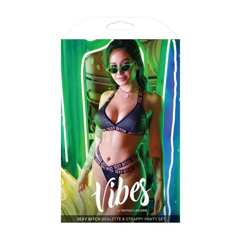 Fantasy Lingerie Vibes Sexy Bitch Reptile Print Set Black L/XL  Lingerie - Bra and Panty sets