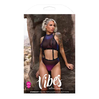 Fantasy Lingerie Vibes Stardust Iridescent Halter Top & Suspender Bottom Indigo M/L  Lingerie - Bra and Panty sets