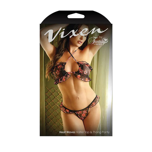 Fantasy Lingerie Vixen Heat Waves Floral Print Ruffled Bralette & Panty Black O/S  Lingerie - Bra and Panty sets