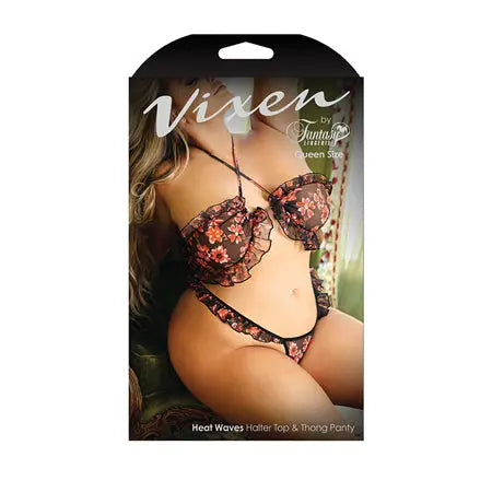 Fantasy Lingerie Vixen Heat Waves Floral Print Ruffled Bralette & Panty Black Queen  Lingerie - Bra and Panty sets