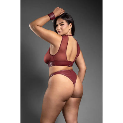 Faux Leather Plus Lingerie Cut-Out Top and Crotchless Panty with Handcuffs Queen Size  Lingerie - Fetish Wear