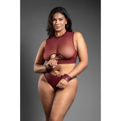 Faux Leather Plus Lingerie Cut-Out Top and Crotchless Panty with Handcuffs Queen Size  Lingerie - Fetish Wear