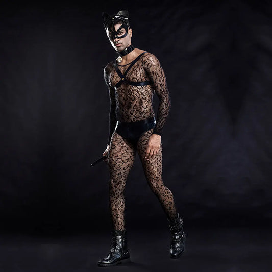 Feline Fantasy Fishnet Lingerie Costume: Men's Sexy Cat  Fetish Clothing and Lingerie