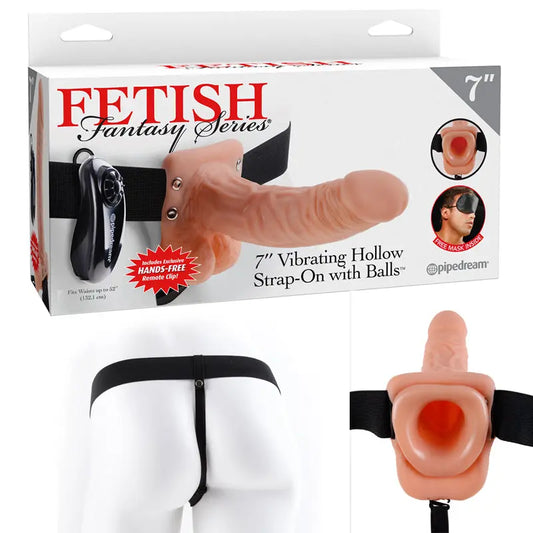 Fetish Fantasy Series 7 in. Vibrating Hollow Strap-On with Balls Beige/Black  Harnesses