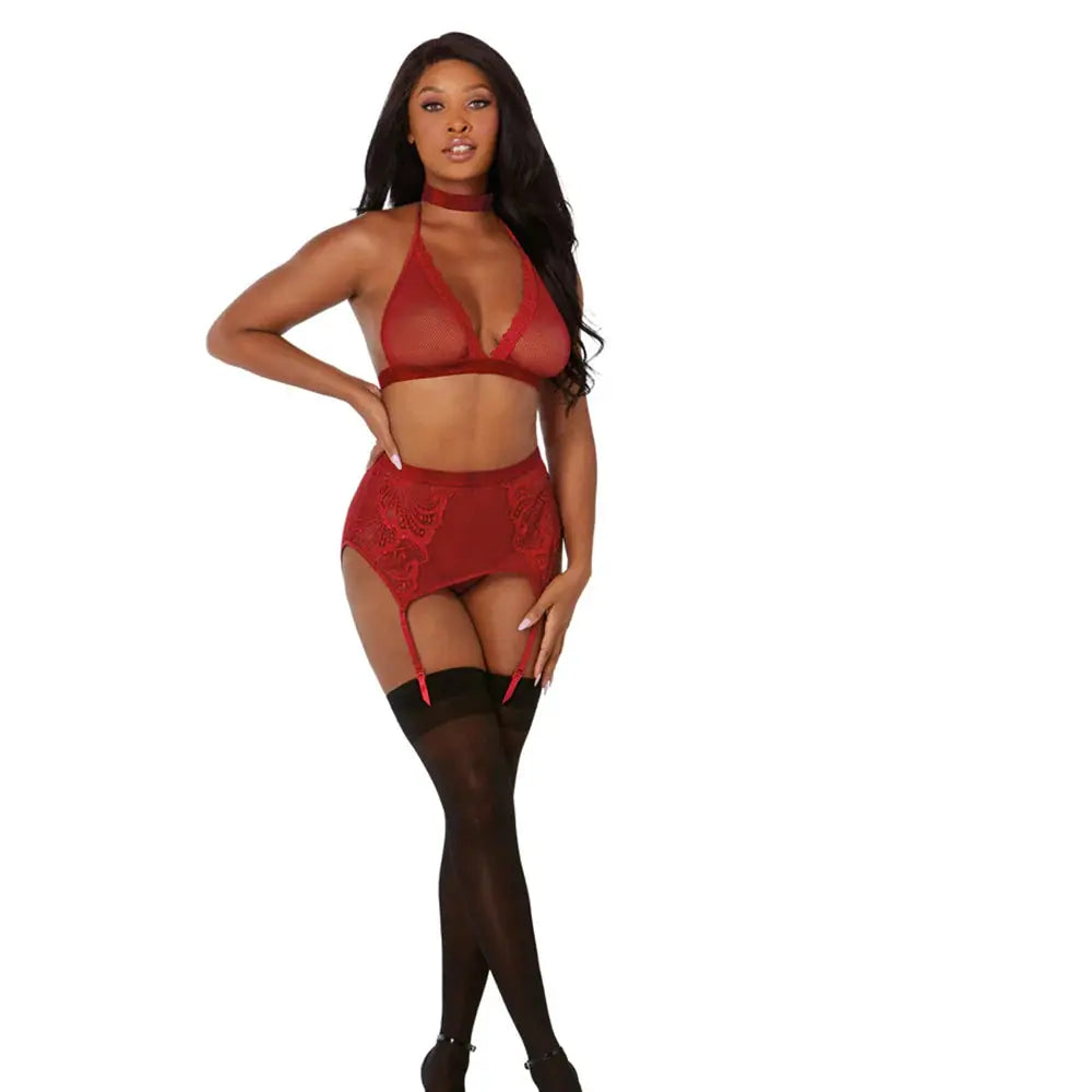 Fishnet and Lace Four-Piece Set With Stretch Velvet Trim Accents Garnet OS  Lingerie - Fetish Wear