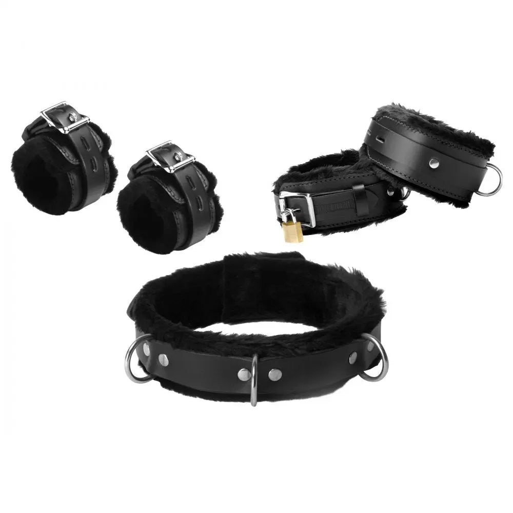 Fur Lined Essentials Leather Bondage Kit BDSM Cuffs Wrist Ankle Cuffs  Bondage Kits