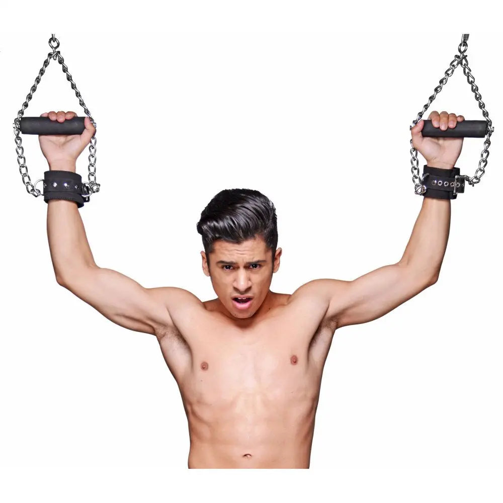 Fur Lined Nubuck Leather BDSM Suspension Bondage Cuffs with Grip  Restraints and Cuffs