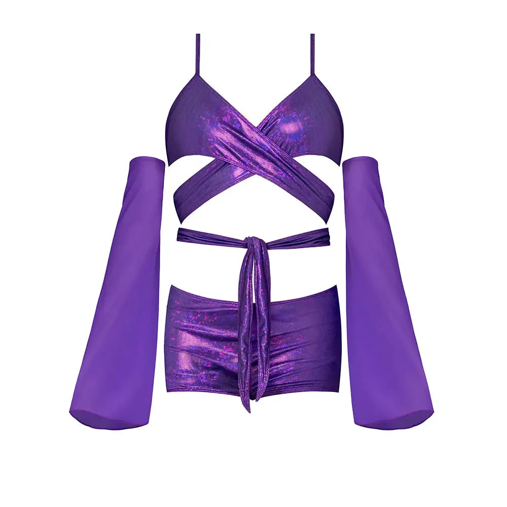 Glimmer Wrap Bralette, Booty Shorts & Sleeve Set Purple Disco L / XL  Lingerie - Bra and Panty sets