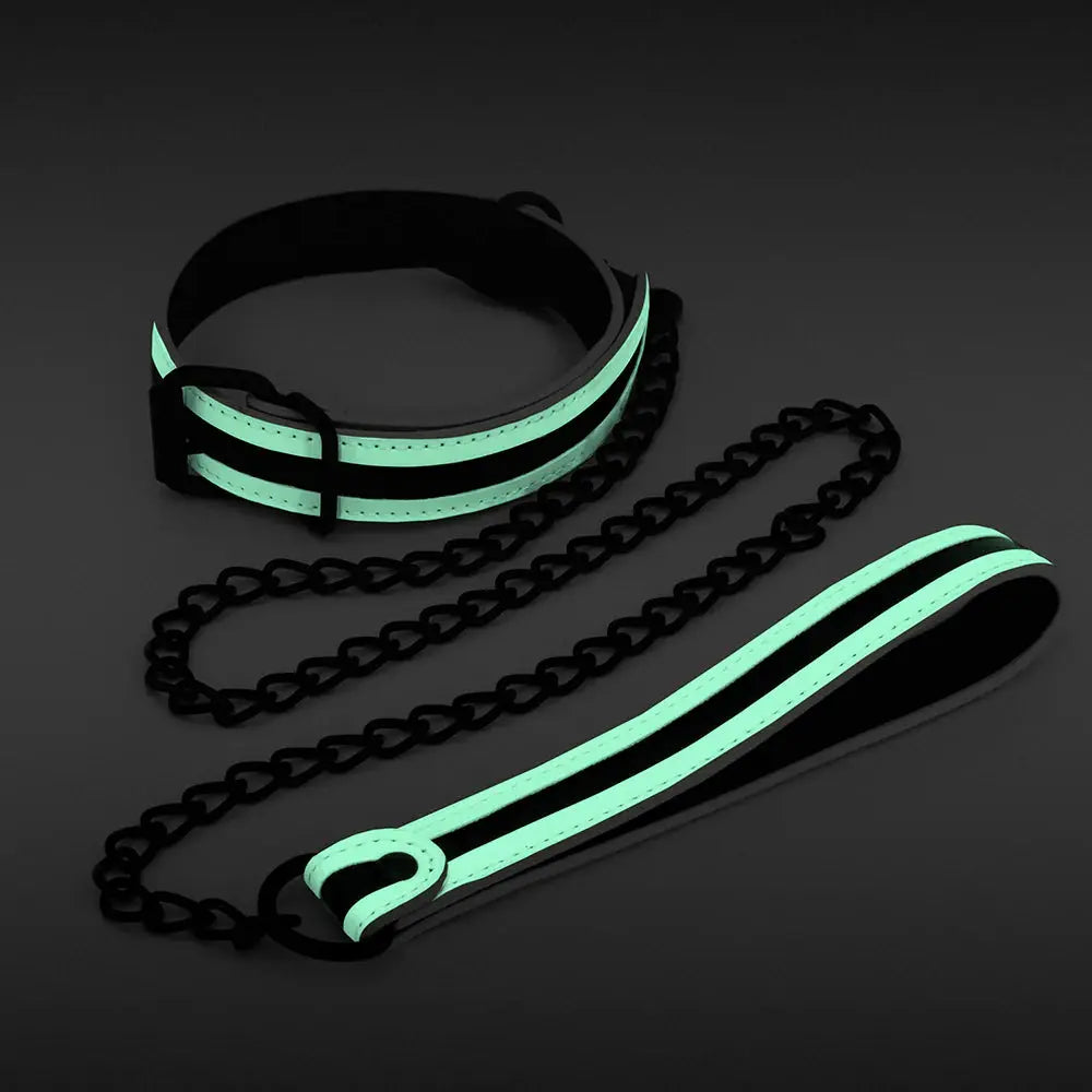 Glow Bondage Collar and Leash Green  Fetish - Cuffs & Restraints