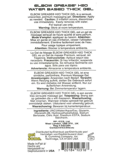 H20 Classic Thick Gel Water-Base Elbow Grease Gel Classic Formula  Water-Based Lube