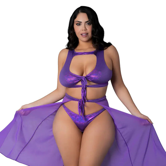 High Neck Crop Top, Flowy Skirt and Tanga Set Purple Disco Queen Size  Lingerie - Club Wear