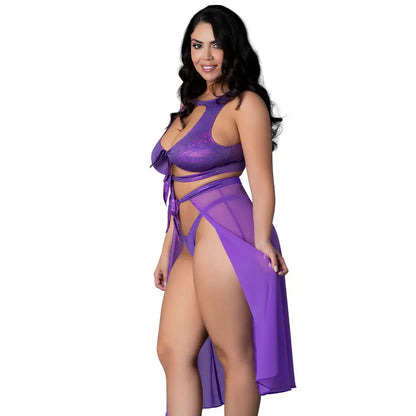 High Neck Crop Top, Flowy Skirt and Tanga Set Purple Disco Queen Size  Lingerie - Club Wear