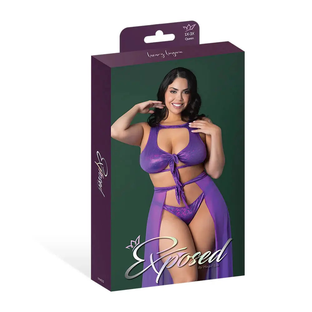 High Neck Crop Top, Flowy Skirt and Tanga Set Purple Disco Queen Size  Lingerie - Club Wear