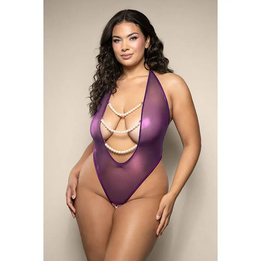 Iridescent Plus Boudoir Lingerie Plunging Pearl Halter Teddy with Open Pearl Crotch  Lingerie - Baby dolls Chemises etc