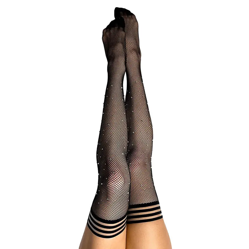 Kixies Angelica Rhinestone Fishnet Thigh-High Black Size D  Lingerie - Stockings & Leggings