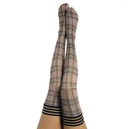 Kixies Lori Plaid Thigh-High Tan/Grey Size A  Lingerie - Stockings & Leggings