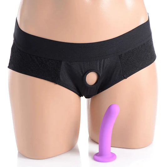 Lace Envy Black Pegging Set with Lace Crotchless Panty Harness and Dildo - L-XL Pegging Kit