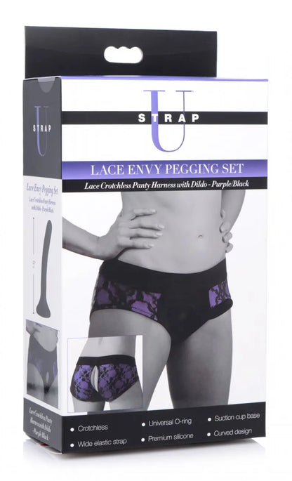 Lace Envy Pegging Set with Lace Crotchless Panty Harness and Dildo - L-XL  Strap-Ons and Harnesses
