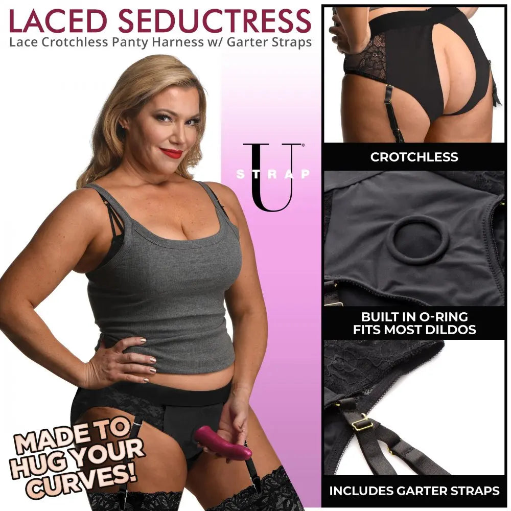 Laced Seductress Crotchless Panty Harness with Garter Straps - LXL  Strap-Ons and Harnesses