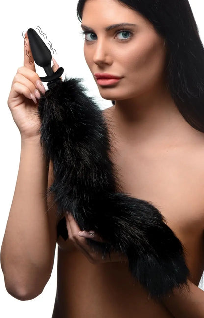 Large Vibrating Anal Plug with Fox Tail Butt Plug Attachment - Black  BDSM Pet Play Anal Plug