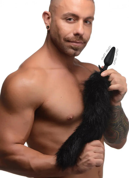 Large Vibrating Anal Plug with Fox Tail Butt Plug Attachment - Black  BDSM Pet Play Anal Plug
