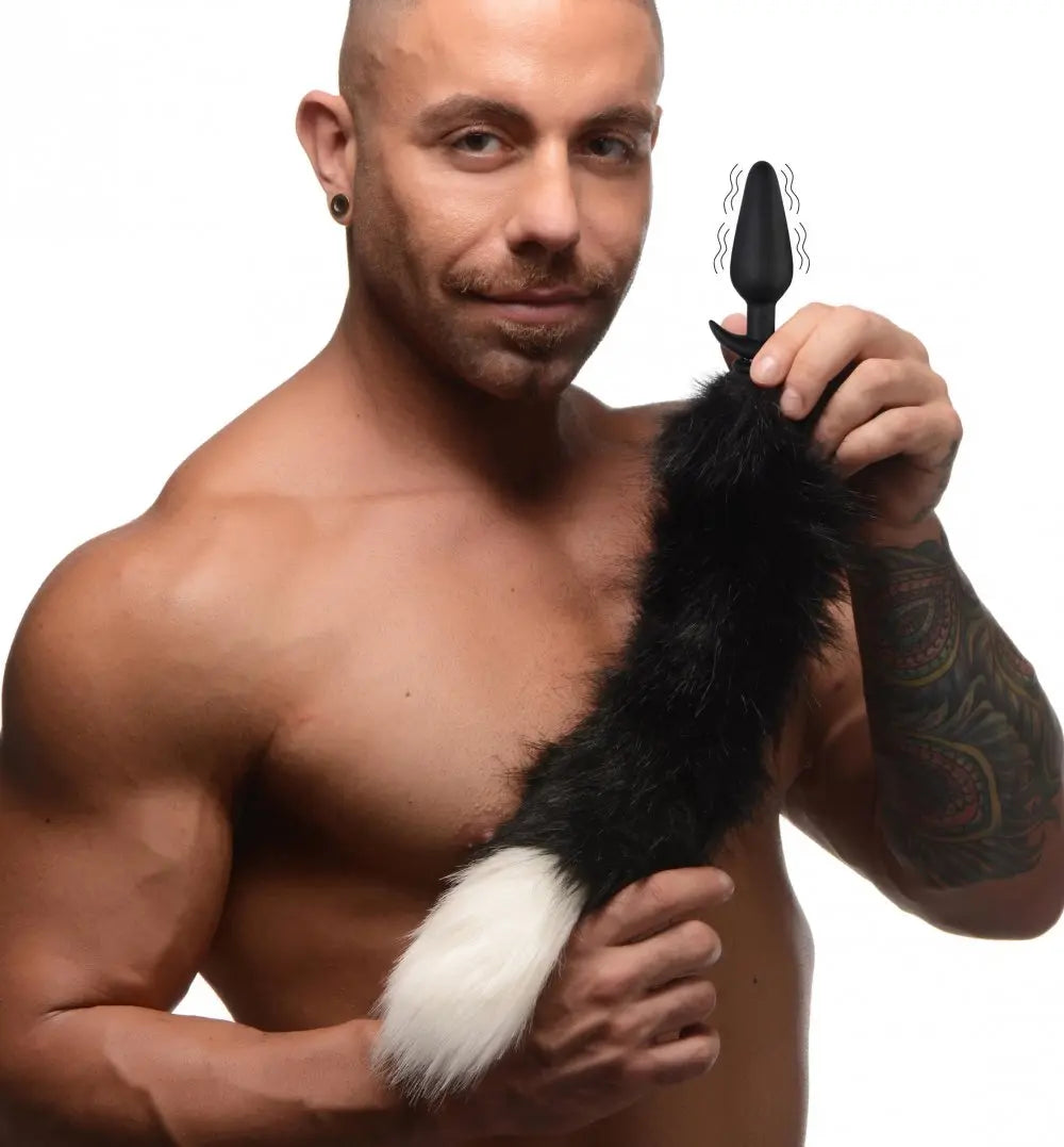Large Vibrating Anal Plug with Fox Tail Butt Plug Attachment - Black and White  BDSM Pet Play Anal Plug