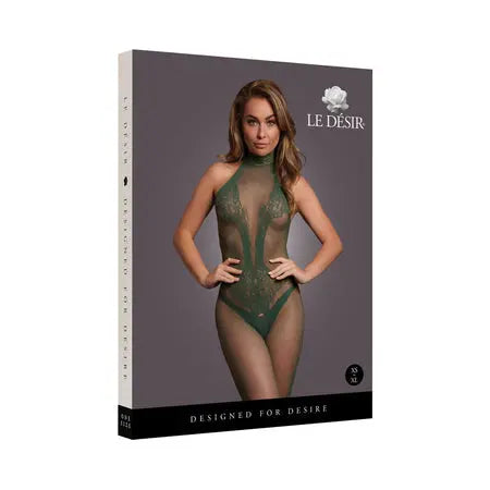 Le Desir Fishnet and Lace Bodystocking Midnight Green O/S  Lingerie - Body Stockings
