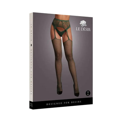 Le Desir Fishnet and Lace Garterbelt Stockings Midnight Green O/S  Lingerie - Stockings & Leggings