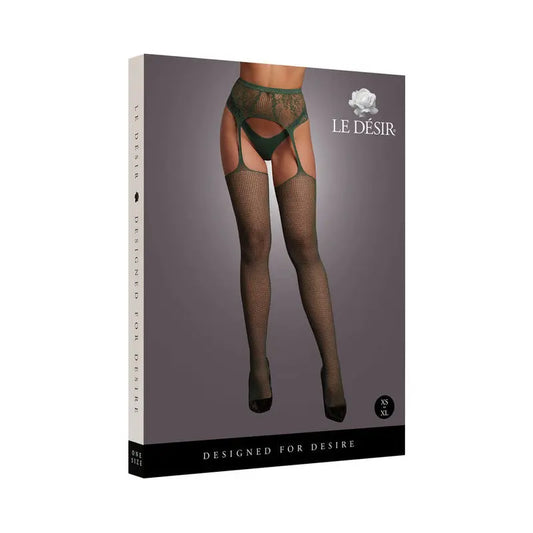 Le Desir Fishnet and Lace Garterbelt Stockings Midnight Green O/S  Lingerie - Stockings & Leggings