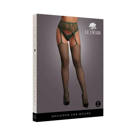 Le Desir Fishnet and Lace Garterbelt Stockings Midnight Green O/S  Lingerie - Stockings & Leggings